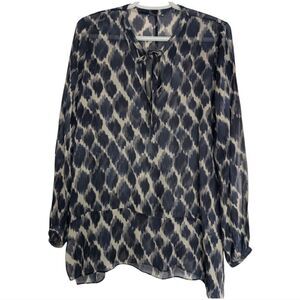 Club Monaco Women's Navy Blue Sheer 100% Silk Abstract Tie Neck Tunic Blouse